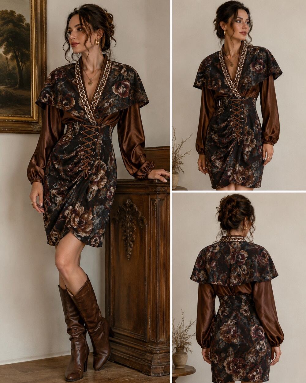 VTG 90s Brown Floral Corset Lace Up Dress XS Capelet Renaissance Fantasy Cosplay